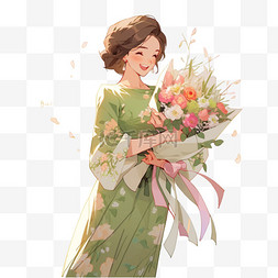 拿鲜花的图片_感恩节卡通抱着鲜花女孩手绘元素