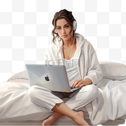 白大衣图片_穿着白大衣的妇女坐在床上，使用