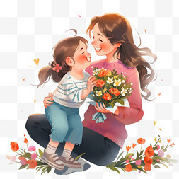 母女拥抱图片_感恩节卡通手绘母女献花元素