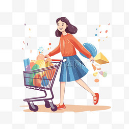 购物袋的女人图片_女人推着购物车购物简约元素卡通