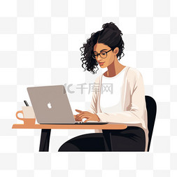 一名妇女坐在桌子旁，使用笔记本