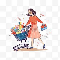 推着购物车图片_卡通女人推着购物车购物简约元素