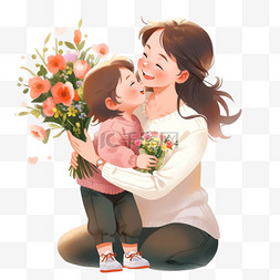 感恩节素材背景图片_感恩节母女献花手绘元素卡通