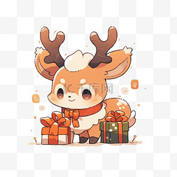 棕色可爱小鹿图片_圣诞节手绘圣诞鹿送礼物卡通元素