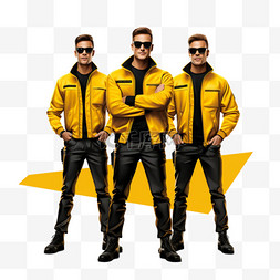 白天，三名身穿黑黄夹克的男子站