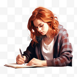 一位女士坐在桌子旁，在笔记本上