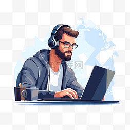 人坐在电脑前图片_戴着耳机坐在电脑前的人