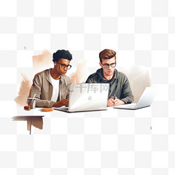 两个男人坐在桌子旁用笔记本电脑