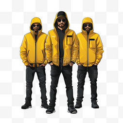 黑白天图片_白天，三名身穿黑黄夹克的男子站