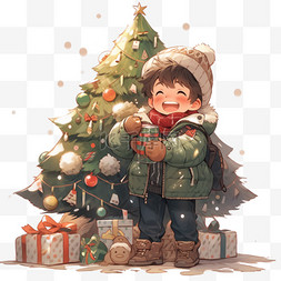 圣诞树礼物卡通图片_圣诞节手绘孩子在圣诞树礼物卡通