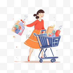 购物简约背景图片_女人推着购物车购物简约元素卡通