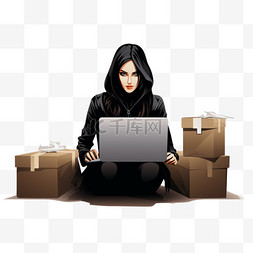 黑色长袖衬衫图片_穿着黑色长袖衬衫的女子使用电脑