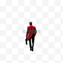 一名身穿红色夹克和黑色裤子的男