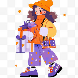 橙色纯色背景图图片_时尚卡通元素女孩购物手绘
