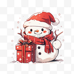 圣诞节卡通手绘雪人拿着礼盒元素