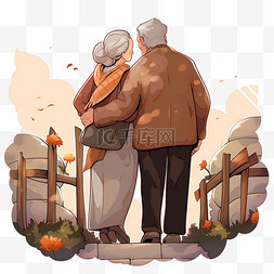 年迈的夫妻搀扶感恩节背影手绘元