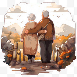 山水卡通背景图片_感恩节手绘元素年迈的夫妻搀扶背