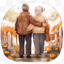 山水卡通背景图片_感恩节年迈的夫妻元素搀扶背影手