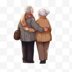 山水卡通背景图片_感恩节年迈的夫妻搀扶背影手绘元