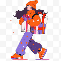 橙色纯色背景图图片_时尚女孩卡通手绘购物元素