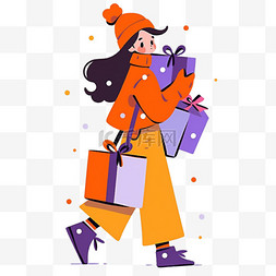 橙色纯色背景图图片_时尚女孩卡通购物手绘元素