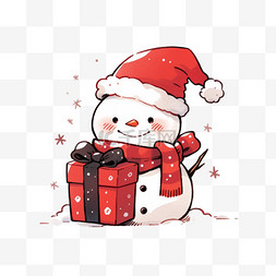 红色背景白色礼盒图片_卡通手绘圣诞节雪人拿着礼盒元素