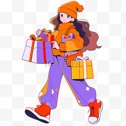 橙色纯色背景图图片_手绘时尚女孩购物卡通元素