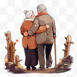 山水卡通背景图片_年迈的夫妻感恩节搀扶背影手绘元