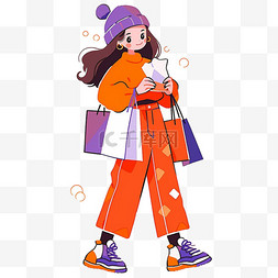 橙色纯色背景图图片_时尚女孩购物手绘卡通元素