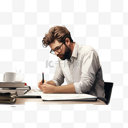 一名男子坐在办公桌前，在一张纸