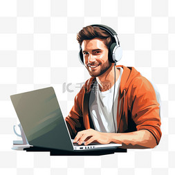 一名男子坐在电脑前，戴着耳机