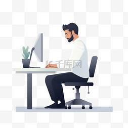 一个人坐在办公桌前，用鼠标和键
