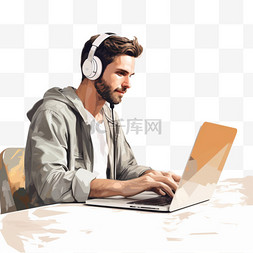 一名男子戴着耳机，使用笔记本电