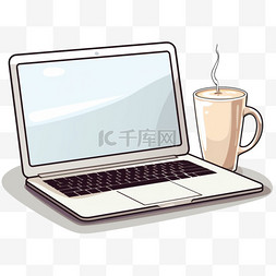 一台笔记本电脑和一杯牛奶放在桌