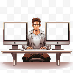 一名男子坐在两台电脑显示器前