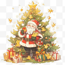 树上的铃铛图片_圣诞节圣诞树卡通圣诞老人手绘元
