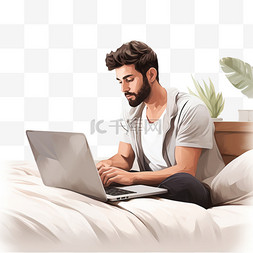 一个人在床上用笔记本电脑打字