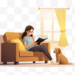 坐在沙发上看书的盲人女孩