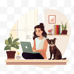 狗狗女孩图片_在她的狗旁边在家工作的自由职业