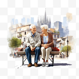 坐在城市背景上的老年夫妇