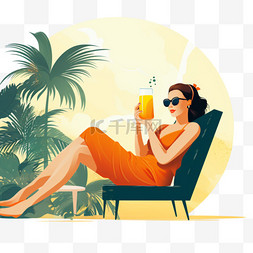 热带树木图片_在热带树木附近喝鸡尾酒放松的女