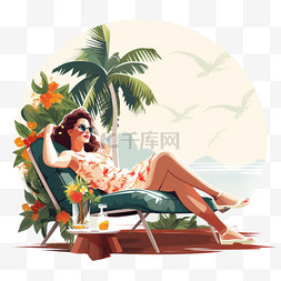 在热带树木附近喝鸡尾酒放松的女