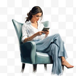 手机端装修店铺图片_坐在扶手椅上看手机的女孩