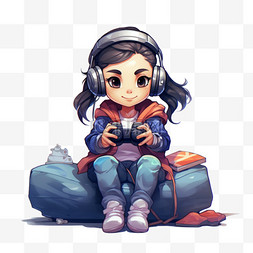 坐在豆袋椅上玩电子游戏的女孩