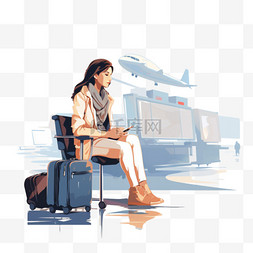 坐在机场附近行李和等待飞机的女