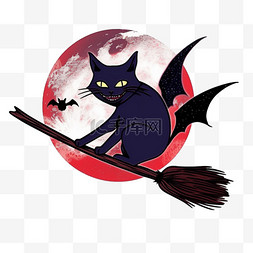 月圆背景图片_卡通手绘万圣节猫魔法扫帚元素