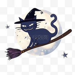 手绘月圆月圆图片_万圣节手绘元素猫魔法扫帚卡通