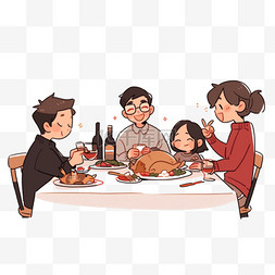 感恩节简约图片_手绘元素感恩节一家团聚吃饭卡通
