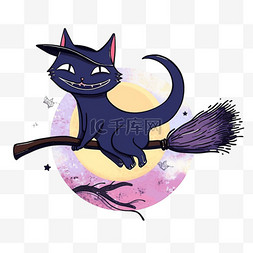 月圆背景图片_万圣节卡通手绘猫魔法扫帚元素