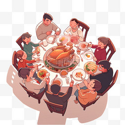 一家团聚吃饭感恩节卡通手绘元素